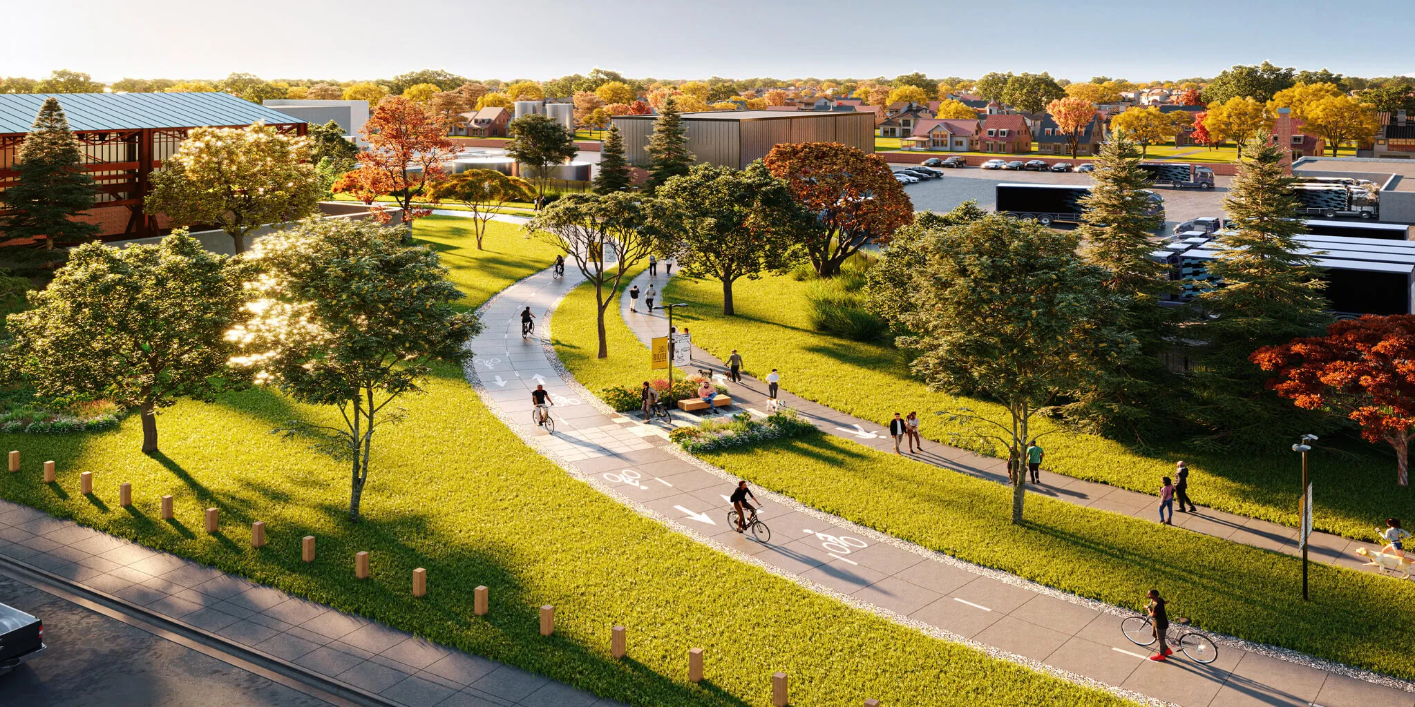An architectural rendering of the completed Joe Louis Greenway: a wide paved path through mown grass and trees, with people riding and walking