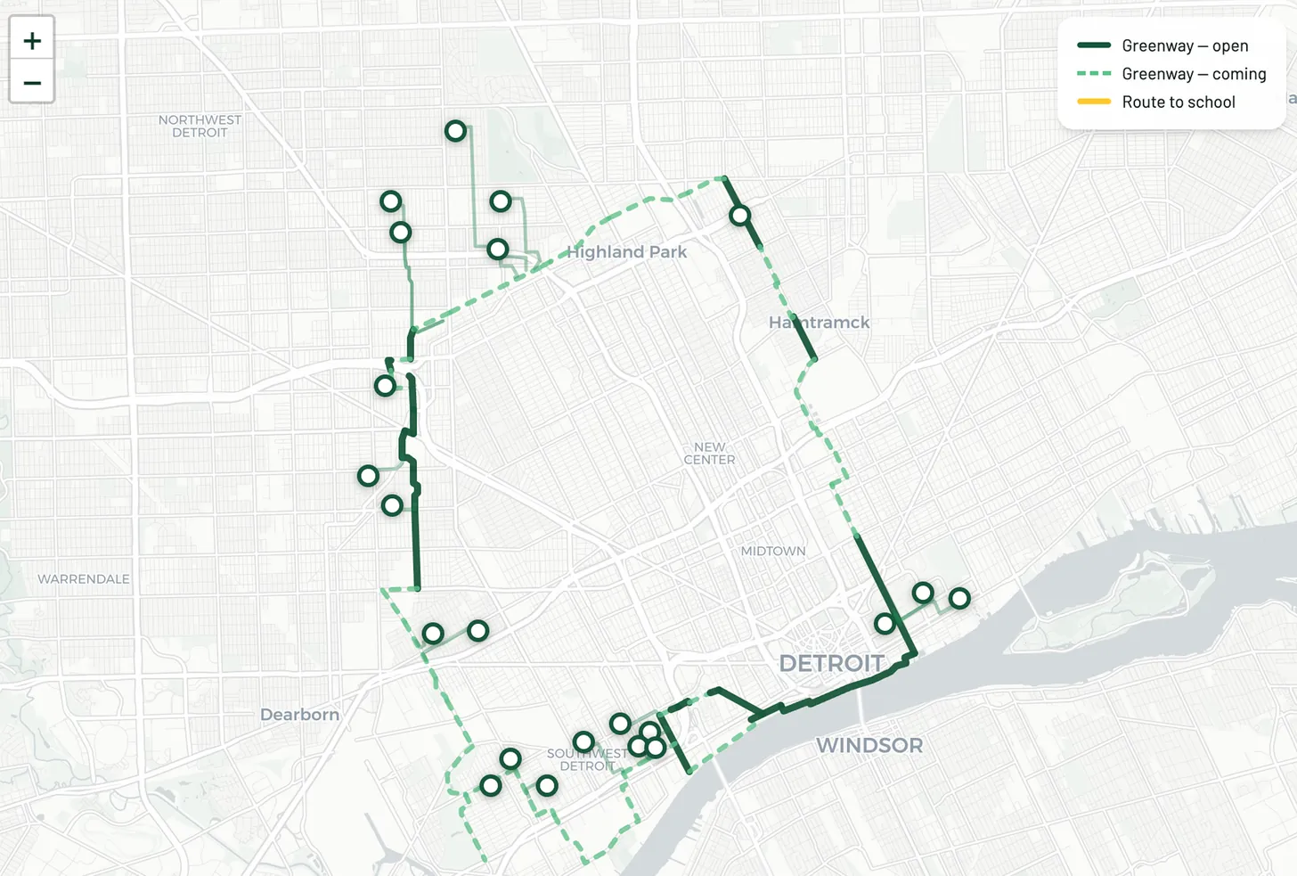A map of Detroit tracing the Joe Louis Greenway loop, with open and planned sections marked